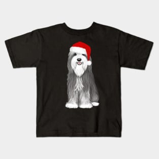 Bearded Collie with Sant Hat Cute Christmas Dog Kids T-Shirt